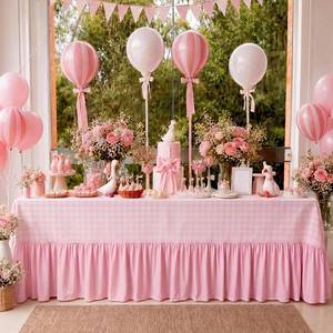 lot 22343 image: Moukeren 120x60 Ruffled Gingham Linen Tablecloth, Rectangular, 8-10 (Pink)