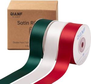 lot 22390 image: QIANF Double Face Satin Ribbon RedDark GreenWhite, 1in x 45yd, 3 Rolls
