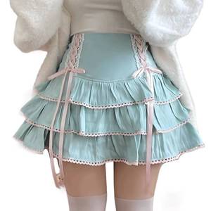 lot 99875 image: RILGOU Kawaii Gothic Lolita Vintage Casual Zipper High Waist Pink Ribbon Lace Trim Tiered Skirt with Shorts Underneath S