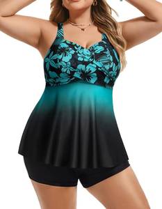 lot 99891 image: Hanna Nikole Twist Front 2 Piece Bathing Suit Blue Gradient Flowers Tankini Plus Size Twist Front Swimsuit for Women 6XL