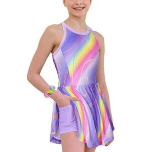 lot 99896 image: MODAFANS Girls Tennis Golf Dress Sleeveless Athletic Pleated Outfits Sets Built in Shorts with Pockets Purple Rainbow,12-13Years