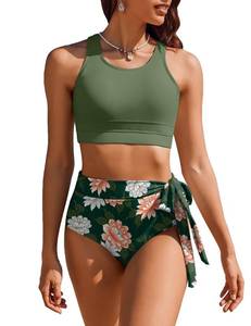 lot 99904 image: AIMAGE Womens High Waisted Bikini Set Tummy Control 2 Piece Bathing Suit Modest Racerback Swimsuit 2025 with Tie Side Knot Hot Pink M