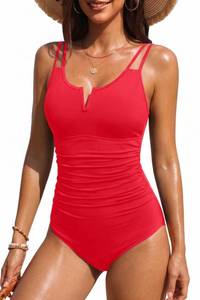 lot 99905 image: Womens One Piece Swimsuit Tummy Control - Slimming Bathing Suit V Wired Full Coverage 2026 Swimwear Red XL