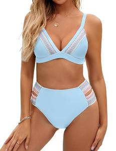 lot 99907 image: BMJL Womens High Waisted Bikini Sets V Neck Color Block Swimsuit Sexy Two Piece Bathing Suit (Blue,S)