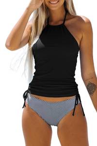 lot 99908 image: Beachsissi Womens Cute Halter Neck Swimsuits Drawstring Side Tankini Set, Stripe, L
