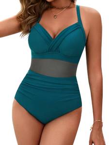 lot 99910 image: BMJL Womens One Piece Swimsuits Tummy Control Bathing Suits Slimming Sexy Mesh Swimwear(Blue Green,XXL
