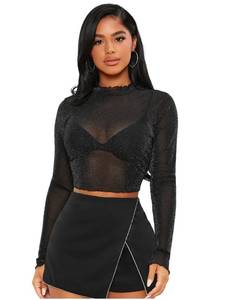 lot 99915 image: Floerns Womens Long Sleeves Mesh Sheer Mock Neck Crop Tops Tee Multicolor Leopard M
