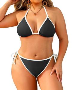 lot 99916 image: Women Plus Size Sexy String Bikini Set Two Piece Halter Triangle Swimsuits Black 18W