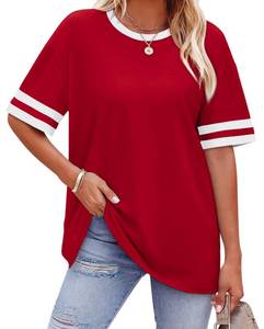 lot 99924 image: WIHOLL Tshirts Shirts for Women Summer Plus Size Tops Striped Short Sleeve Crew Neck T Shirts Simple Plain Clothes fit Travel Spring Tops for Women Trendy Deep Red L