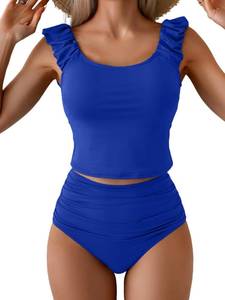 lot 99933 image: Eomenie Tankini Swimsuits for Women Ruched Tummy Control Bathing Suits Two Piece Swim Tank Top with High Waisted Bottom Royal Blue Large