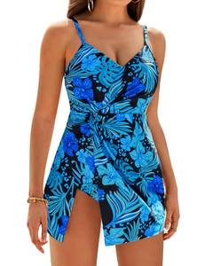 lot 99936 image: Womens Swimwear V Neck Floral Split Ruched Swimdress for Swimming Pool Black & Blue L