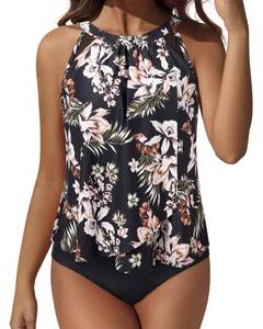 lot 99954 image: SUUKSESS Women Slimming Tummy Control Tankini Bathing Suits Ruffle High Waisted High Neck 2 Piece Swimsuits(Black Floral,XL)