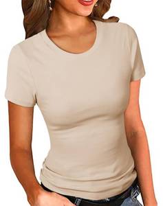 lot 99955 image: PALINDA Womens Crew Neck Ribbed Fitted Shirt Basic Short Sleeves Summer T Shirt Tops(Khaki M)