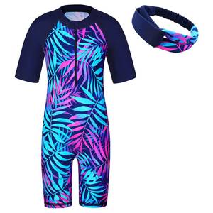 lot 99957 image: Girls Swimsuit UPF 50 UV One Piece Swimwear Zipper Rashguard Bathing Suit with Hairband S419_NavyLeaves_10A
