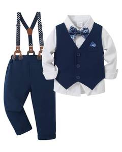 lot 99958 image: YUEMION Toddler Baby Boy Clothes Suits Gentleman Dress ShirtBowtieVestSuspender Pants Boy Formal Wedding Outfits Set (White and Navy Blue,2-3T)