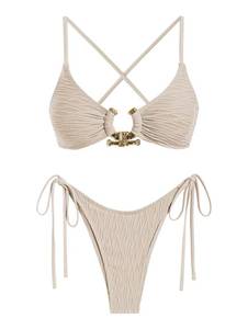 lot 99961 image: ZAFUL Ribbed Bikini Set High Cut String Crisscross Cheeky 2 Piece Swimsuit small