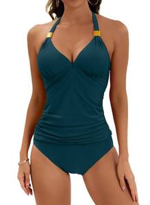 lot 99969 image: B2prity Halter Tankini Swimsuit for Women Tummy Control Two Piece Bathing Suit V Neck Swimwear with Shorts Peacock Green XL