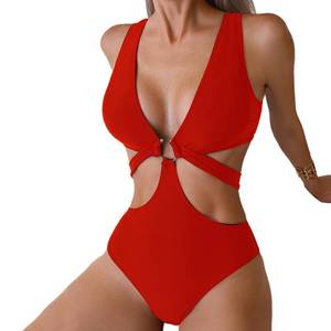 lot 99972 image: Favnac Womens Deep V Neck One Piece Swimsuit Sexy Cut Out Bathing Suit O-Ring Swimwear Red Medium