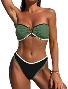 lot 99975 image: ZAFUL Womens Bandeau Bikini V Strapless Confetti Colorblock Tie Back High Cut Two Piece Swimsuit Bathing Suits (1-Army Green, L)