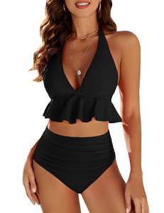 lot 99978 image: Edelqual Womens High Waisted Bikini Sets Two Piece Swimsuit Ruffled Tummy Control Bathing Swim Suit Halter V Neck Flounce Beach Modest Ruched Swimwear (Black,L)