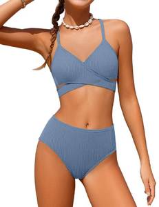 lot 99979 image: Girls Bathing Suit Size 12 Girl Swimsuit Size 10-12 Two Piece Criss Cross Bikini V-Neck Adjustable Shoulder Straps Girls Swimwear Blue 11-12Y