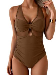 lot 99983 image: Aidonger Womens Tummy Control One Piece Swimsuit Mesh V Neck Bathing Suit Ruched Slimming Cutout Swimwear Brown Large