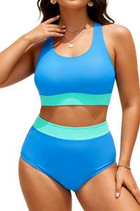 lot 99984 image: Aqua Eve Plus Size Two Piece High Waisted Bikini Swimsuits Scoop Neck Bikini Set Sporty Bathing Suits Blue Green 18W