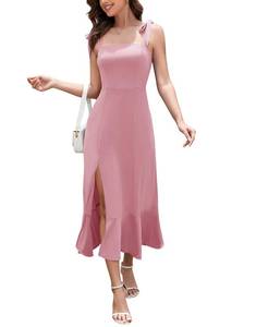 lot 99869 image: Aupuls Ladies Flowy Dresses Semi Formal Wedding Guest Dresses Attire Straps Adjustable Women Evening Dress Pink Midi Length Aupg003 DustyRose 2XL