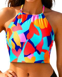 lot 99873 image: Women High Neck Bikini Top Halter Swim Top Only Color Block Medium