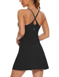 lot 99878 image: Womens Tennis Dress, 2-in-1 Golf Workout Summer Dress with Built-in Bra & Shorts Pockets, Athletic Vacation Dresses with Adjustable Strap A-Black Medium