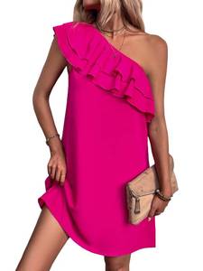 lot 99880 image: Floerns Womens One Shoulder Tiered Layered Sleeveless Ruffle Trim Tunic Dress Mauve Purple X-Small