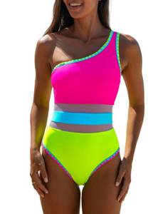 lot 99888 image: popvil Womens Sexy One Shoulder One Piece Bathing Suits Neon Color Block Swimsuits Slimming Mesh Swimwear small