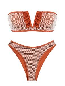 lot 99890 image: ZAFUL Womens Strapless Ribbed V Wired Lace Up Ruffle Tie High Cut Bandeau Swimsuits Fishnet Mesh Bikini Set(1-Brown, M), Medium