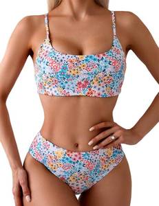 lot 99893 image: YIMISAN Womens Two Piece Swimsuit Floral Print Bikini Set Spaghetti Straps Scoop Neck Mid Waist Cheeky Bathing Suit Medium