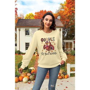 lot 20234 image: Gobble Til You Wobble Thanksgiving Sweatshirt Cream, Size Small, 2 Pack