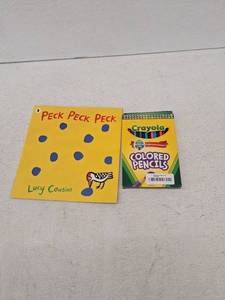lot 20573 image: Peck Peck Peck by Lucy Cousins Book and Colored Pencils