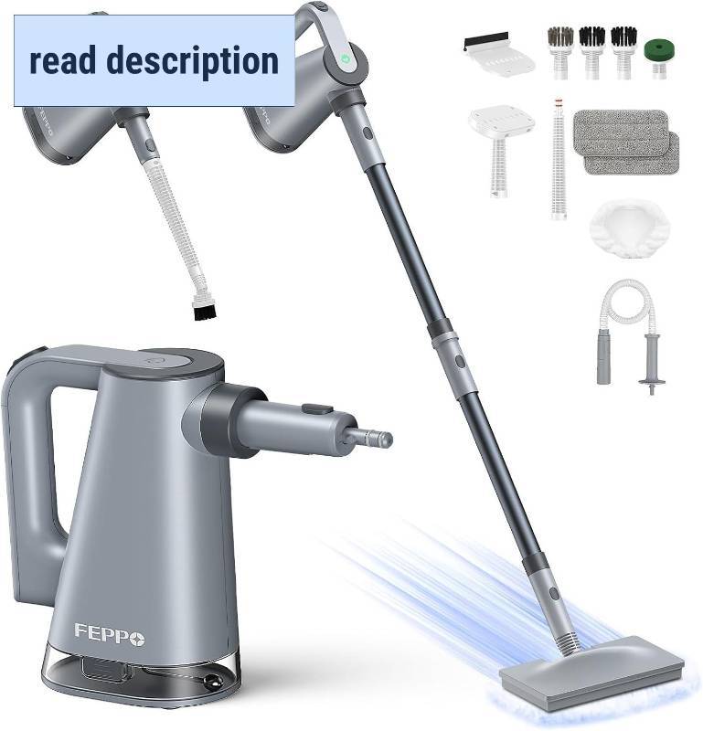 lot 361636 image: Retails for $130 FEPPO Steam Mop with Detachable Handheld Steam Cleaner for Home and Floor Cleaning, 10-in-1 Multi-purpose Attachments & 2 Pads, Powerful Steamer for Floors,Hardwood, Tiles,Grout