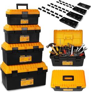 lot 101708 image: 4 Pack Heavy Duty Plastic Tool Box Set, Stackable Portable Boxes, 13-19