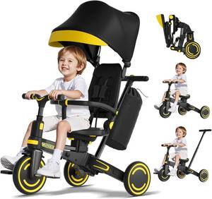 lot 101722 image: Retails for $110 WinHope 9-in-1 Foldable Kids Tricycle with Push Handle and Canopy(Black)