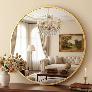 lot 101743 image: Antok 24 Inch Round Mirror for Wall, Round Bathroom Mirror, Circle Wall Mirrors with Gold Metal Frame, Circle Mirrors Suitable for Wall, Bathroom, Vanity, Living Room, Entryway
