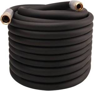 lot 201583 image: Retails for $155 Heavy Duty Premium Garden Hose 150ft x 34, 300PSI Working, 1000PSI Burst, Hybrid Rubber Water Hose with Transparent Swivel Handle - HotCold Water - Five Layered Braiding with Brass fittings (Black)