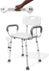 lot 201588 image: FSAHSA Shower Chair with Grab Bar, Adjustable Bath Seat