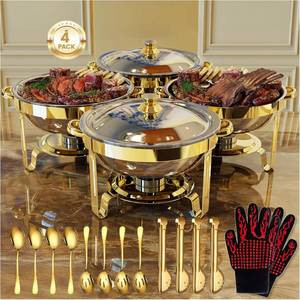 lot 201594 image: Retails for $140 Round Chafing Dishes for Buffet 4 Pack, 6QT Chafers and Buffet Warmers Sets with 2 Heat-Proof Gloves, 4 Spoons, 4 Slotted Spoons & 4 Tongs, Gold Chafing Dishes for Buffet Parties Gatherings