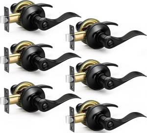 lot 201599 image: 6 Pack Matte Black Door Handles Privacy Door Levers, Wave Style Door Knobs