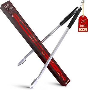 lot 201602 image: 24 inch BBQ Tongs - 1 Year Warranty, 100% Stainless Steel Long Metal Grill Tongs for Outdoor Grill, Non Slip Handle, Locking Mechanism, Heat resistant, Pinzas de Cocina for steak, hot dog and more