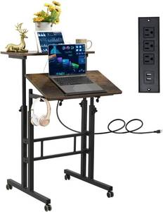 lot 201607 image: Hadulcet Mobile Standing Desk with Wheels, Rolling Desk Adjustable Height, Portable Laptop Table with Charging Station, Sit Stand up for Home Office, Study, Classroom, Rustic Brown