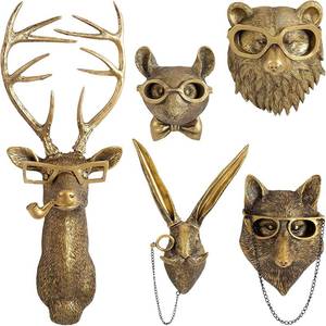 lot 301635 image: GUASDIE Animal Heads Wall Decor, Gold Faux Deer Head Mount, Animal Sculptures Wall Decor, Vintage Resin Hanging Decoration for Living Room Bedroom Kitchen Office Gift,5pcs