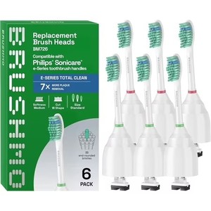 lot 301652 image: Brushmo e-Series Total Clean Replacement Toothbrush Heads Compatible with Philips Sonicare Screw-on Handles, Medium-Firm DuPont Bristles, BM726, 6-Pack, White