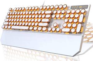lot 401592 image: Camiysn Typewriter Style Mechanical Keyboard, Retro Punk Gaming Keyboard with Gold LED Backlit, Cute Wired Keyboards,104 Keys Full Size Keyboards, Uique Round Keycaps for WindowsMacPC(White&Gold)