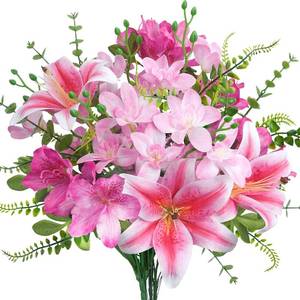 lot 401599 image: 12Pcs Tiger Lily Artificial Flowers Real Touch Pink Fake Lilies Flower